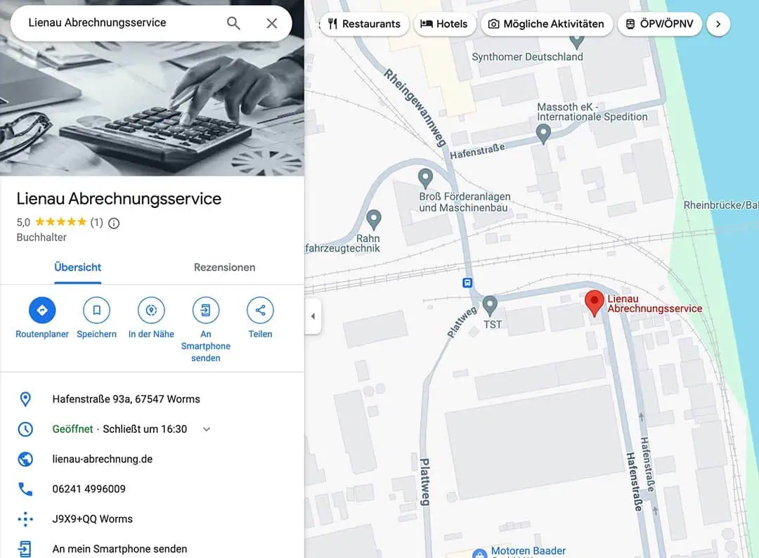 Screenshot von Google Maps Karte mit dem Standort von Lienau Abrechnungsservice aus Worms